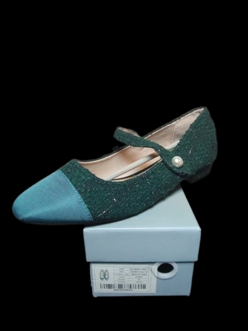 C.Paravano Green Tweed Mary Jane Flats Pearl Cap Toe Ballet Shoes Women Size 11